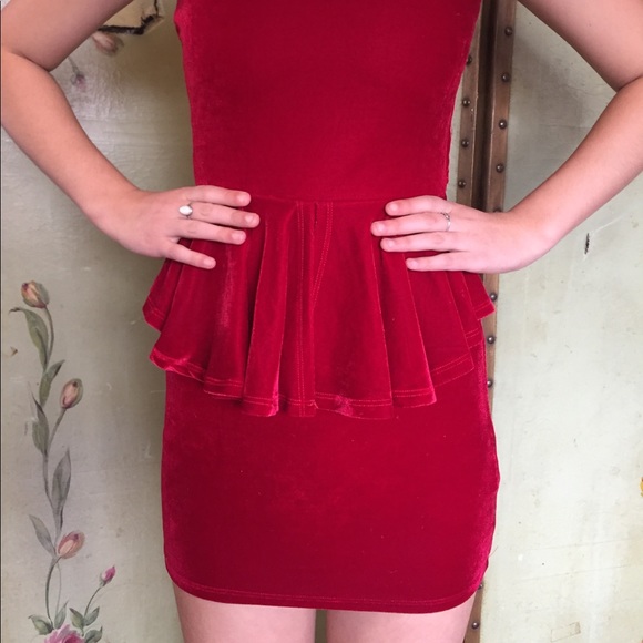 Red velvet peplum dress with cut out in back - Picture 2 of 5